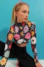 Trend Alaçatı Stili Women's Mix Turtleneck Floral Patterned Crop Top with Gathering Front and Tie Waist