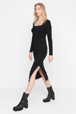 Trendyol Black Ribbed Square Neckline Fitted Long Sleeves a Slit Midi Dress