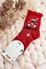 Dámské lesklé vánoční ponožky s červeným medvídkem