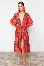 Trendyol Maxi Tkané Kimono & Kaftan s Kvetinovým Vzorom a Opaskom