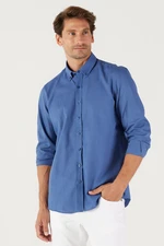 AC&Co / Altınyıldız Classics Men's Indigo Tailored Slim Fit Oxford Buttoned Collar Linen-Looking 100% Cotton Flared Shirt.