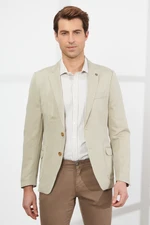 ALTINYILDIZ CLASSICS Men's Beige Slim Fit Slim Fit Mono Collar Patterned Linen Jacket.