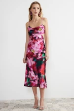Trendyol Pink-Multicolored Satin Floral Patterned Elegant Evening Dress
