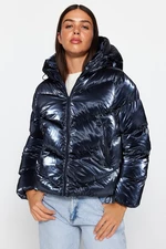 Trendyol Navy Blue Nadrozměrný lesklý vodoodpudivý nafukovací kabát s kapucí