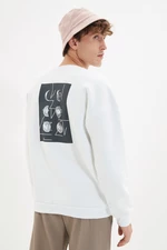 Trendyol White Oversize/Wide-Fit Crew Neck Space Printed Fleece Sweatshirt