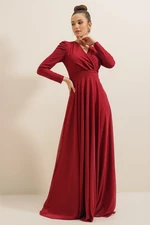 By Saygı Široký výběr velikostí Burgundská červená výstřih Ramena Plisovaná podšívka Stříbřitě Dlouhé šaty