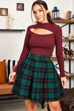 armonika Women's Green Plaid Short Flared Skirt