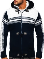 Tmavě modrý silný pánský svetr na zip s kapucí bunda Bolf 2034