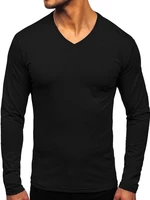 Černé pánské tričko s dlouhým rukávem bez potisku s výstřihem do V Bolf 172008