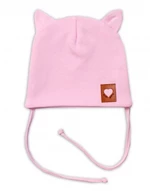 Baby Nellys Bavlněná dvouvrstvá čepice s oušky na zavazování FOX - růžová, vel. 68-74 (6-9m)