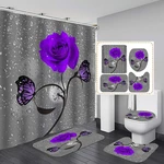 4Pcs Purple Rose Shower Curtain Bathroom Set Non-slip Toilet Seat Cover Mat Rug