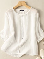 Lettuce Edge Crew Neck Solid Button 3/4 Sleeve Blouse