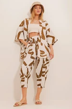 Trend Alaçatı Stili Women's Tobacco Patterned Baggy Pants And Kimono Set