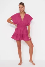 Trendyol Fuchsia Mini Weave V-necked 100% Cotton Beach Dress