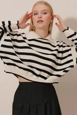 HAKKE Women's Polo Neck Striped Knitwear Blouse