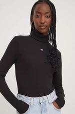 Tričko s dlhým rukávom Tommy Jeans dámsky,čierna farba,s rolákom,DW0DW17388