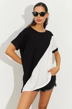 Cool & Sexy Women's Black and White Asymmetrical Block Blouse