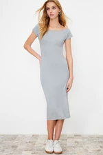 Trendyol Gray Boat Neck Fitted Cotton Stretchy Knitted Midi Pencil Dress