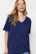 Trendyol Navy Blue 100% Cotton Oversize/Wide Fit V-Neck Knitted T-Shirt