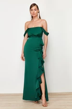 Trendyol Emerald Green Flounce Satin Long Evening Dress