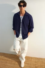 Trendyol Navy Blue Unisex Regular Fit 100% Cotton Linen Look Shirt