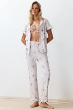 Trendyol Ecru-Multi Color 100% Cotton Floral Ruffle Detail Knitted Pajamas Set