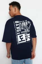 Trendyol Navy Blue Oversize/Wide-Fit Oriental Printed 100% Cotton T-Shirt
