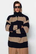 Trendyol Navy Blue-Mink Oversize Fit Wide Fit Striped Hooded Knitwear Sweater