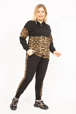 Şans Women's Black Plus Size Leopard Striped Hoodie, Sweatshirt and Pants Suit