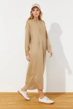 Trendyol Light Brown Kangaroo Pocket Hooded Knitted Sweat Dress
