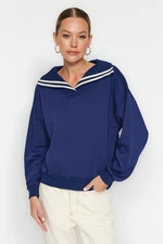 Trendyol Navy Blue Oversize/Wide Knitwear Neck Detailed Diagonal Knitted Sweatshirt