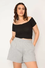 Şans Women's Plus Size Gray Shorts With An Elastic Waist, Side Pockets