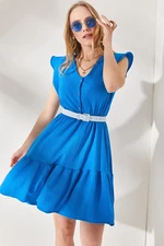 Olalook damska niebieska sukienka mini z falbankami i elastycznymi rękawami w talii