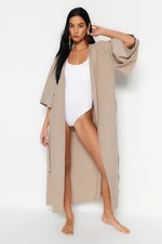 Trendyol Beige Belted Maxi Woven Linen Look Kimono&Kaftan