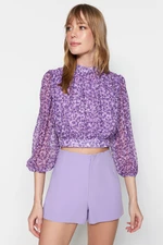 Trendyol Purple Floral Crop High Collar Woven Blouse