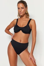 Trendyol Black Textured High Waist Normal Leg Bikini Bottom