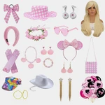 Hot Movie Cosplay Accessories Pink Plaid Costume for Girls Women Birthday Halloween Party Decorations Hat Necklaces Bag