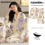 DUOJIHUI Chic with Chest Pad Casual Home Pajamas for Women Autumn New V-neck Cardigan Basic Pant Loose Simple Female Pajamas Set