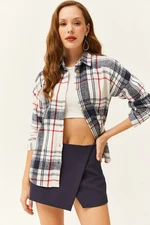 Olalook Women's Navy Blue Ecru Red Plaid Lumberjack Shirt