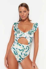 Trendyol Floral Patterned V-neck Swimsuit with Ruffles, Regular Leg