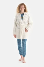 Dagi Ecru Floral Pattern Shawl Collar Cotton Lined Dressing Gown