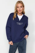 Trendyol Navy Blue Thick Fleece Inside, Zipper Stand-Up Collar Oversized/Wide Knitted Sweatshirt