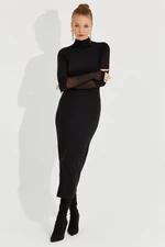 Cool & Sexy női fekete tüll részletes midi ruha kesztyűvel
