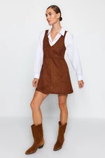 Trendyol Brown V-Neck Gilet Suede Mini Knitted Dress