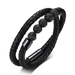 Double Black Leather Bracelet with Volcanic Stones