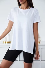 XHAN Women's White Basic Crew Neck Slit T-Shirt