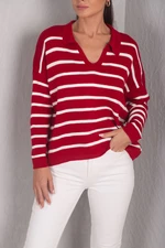 armonika Women's Red Striped Polo Collar Knitwear Sweater