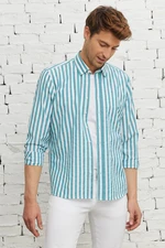 AC&Co / Altınyıldız Classics Men's Green and White Slim Fit Slim Fit Shirt with Hidden Buttons Collar Cotton Shirt