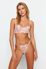 Trendyol Pink Embroidered Lace String Straps Capless Knitted Lingerie Set