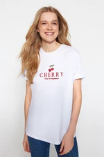 Trendyol White 100% Cotton Cherry Embroidery Boyfriend Fit Crew Neck Knitted T-Shirt